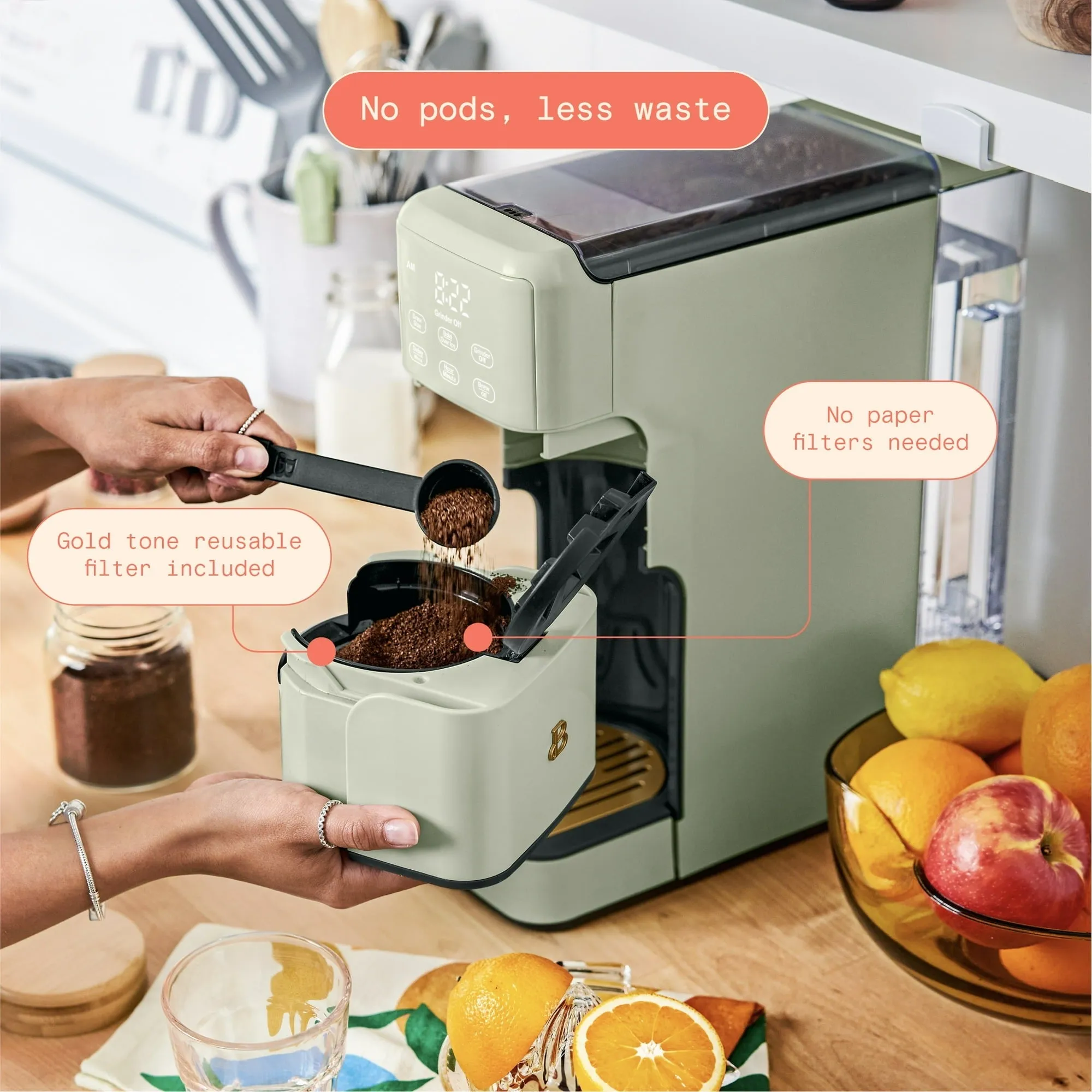 Beautiful 19334 Perfect Grind Programmable Single Serve Coffee Maker, Sage Green by Drew Barrymore