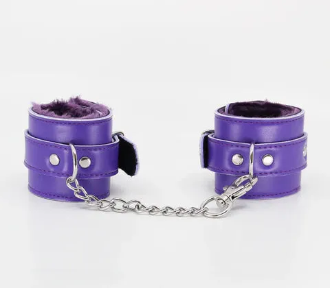Berlin Baby Faux Fur Lined Vegan Leatherette Adjustable Wrist Restraints with Detachable Chain Join Purple and Silver Handcuffs