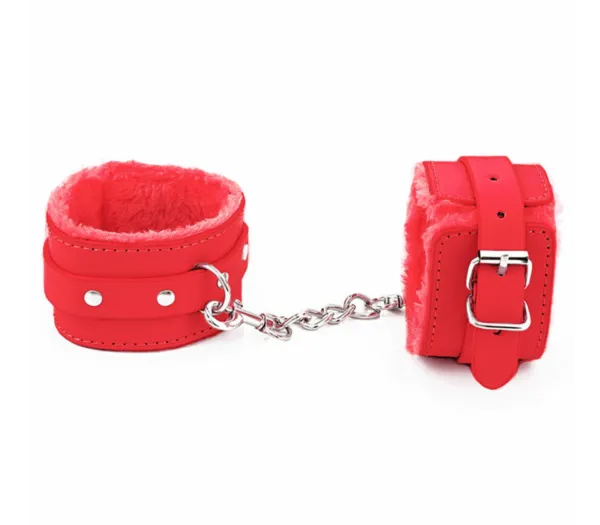 Berlin Baby Faux Fur Lined Vegan Leatherette Adjustable Wrist Restraints with Detachable Chain Join Red and Silver Handcuffs