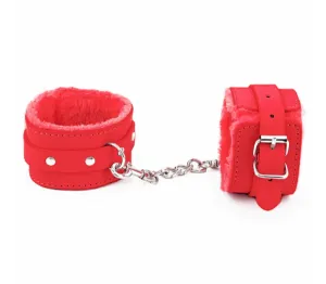 Berlin Baby Faux Fur Lined Vegan Leatherette Adjustable Wrist Restraints with Detachable Chain Join Red and Silver Handcuffs