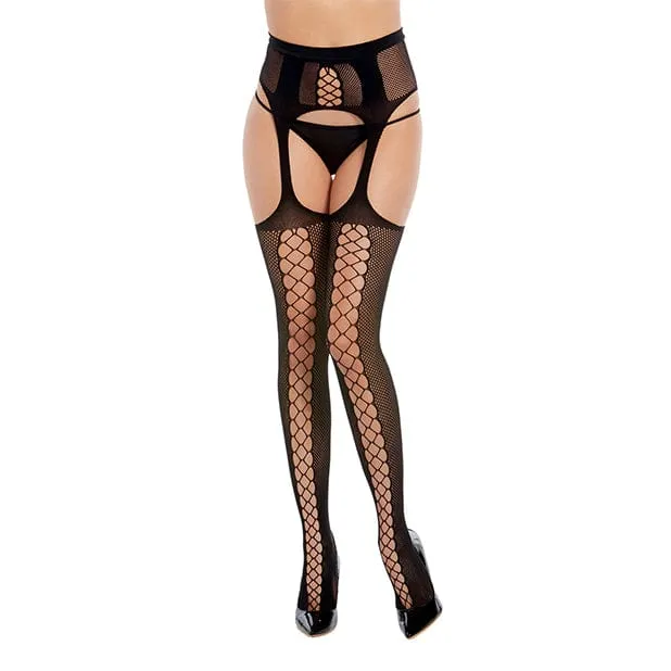 Dreamgirl - Fishnet Suspender Garter Pantyhose with Criss Cross Detail Stockings Costume O/S (Black)