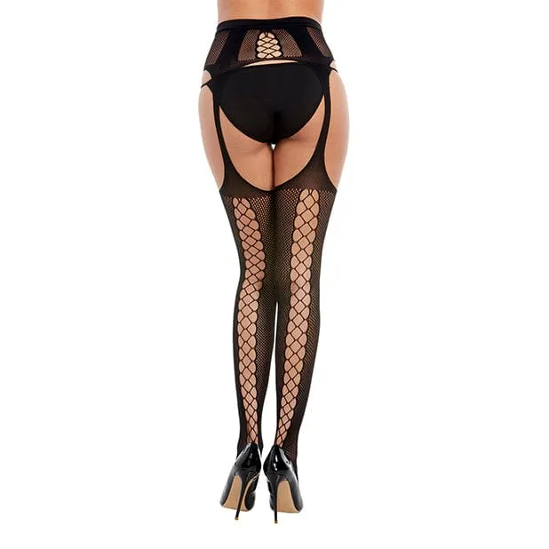 Dreamgirl - Fishnet Suspender Garter Pantyhose with Criss Cross Detail Stockings Costume O/S (Black)