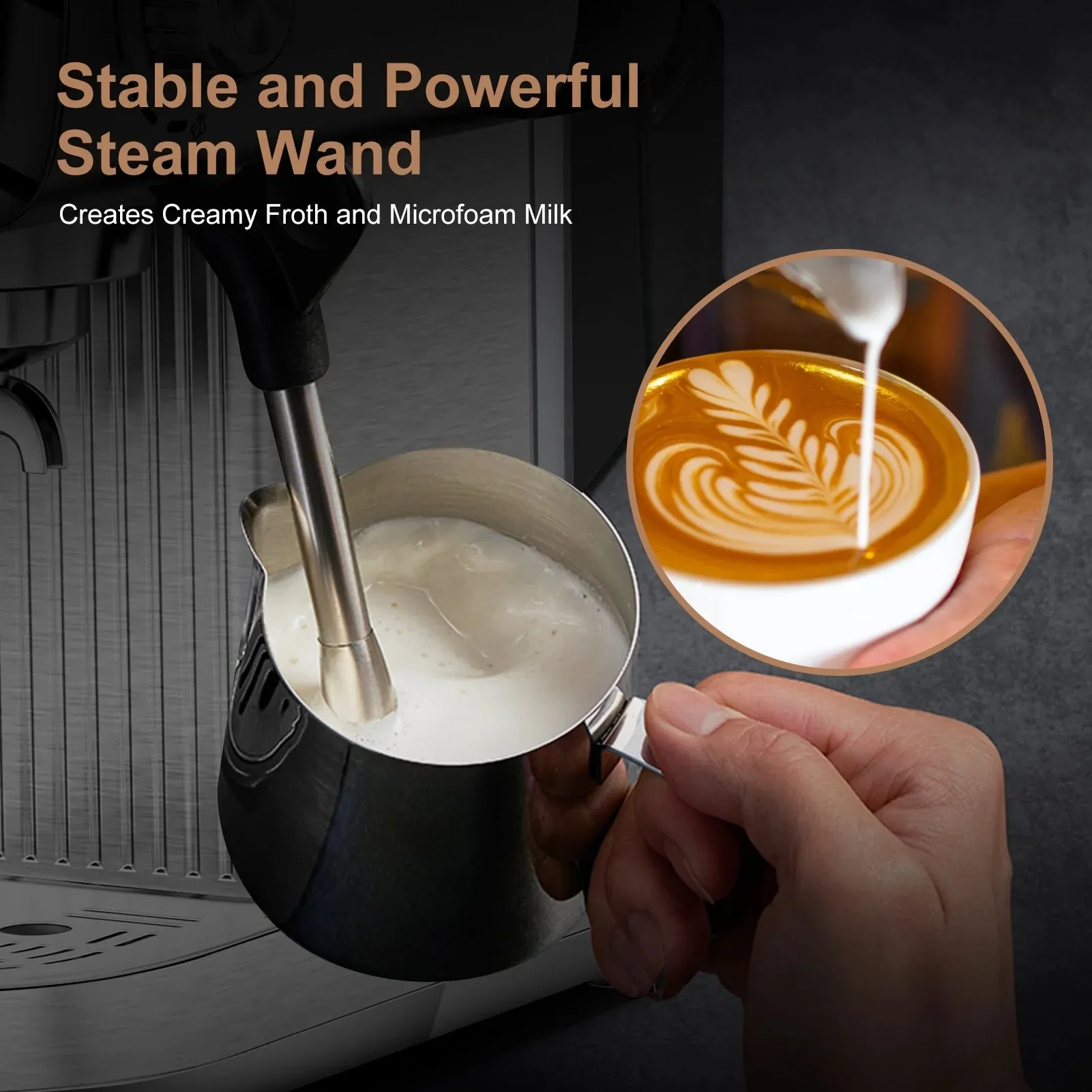 Geek Chef ACC02 Stainless Steel Plum Chef Espresso Coffee Maker 20 Bar Pump Cappuccino Latte Maker, Silver