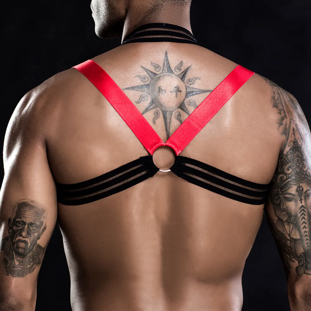 JSY Men's Mesh Stripe Chest Brace Harness & Wet Look G-String