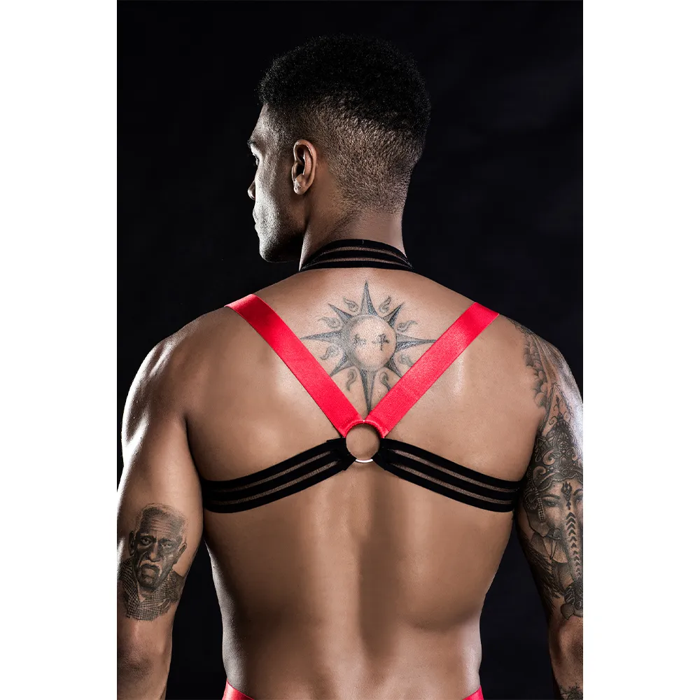 JSY Men's Mesh Stripe Chest Brace Harness & Wet Look G-String