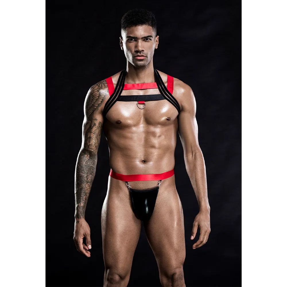 JSY Men's Mesh Stripe Chest Brace Harness & Wet Look G-String