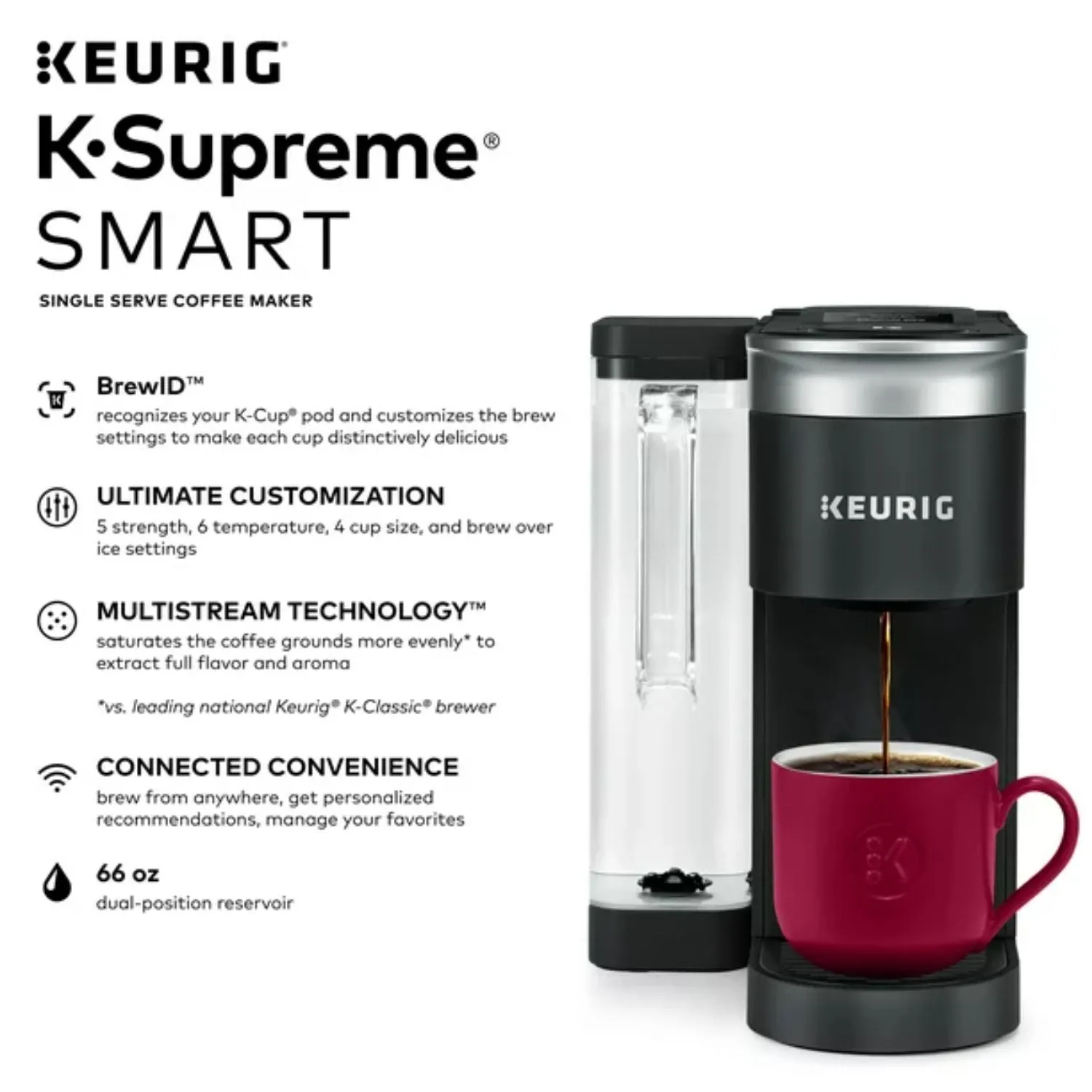 Keurig 500.0367509 K-Supreme SMART Coffee Maker, MultiStream Technology, Brews 6-12oz Cup Sizes, Black