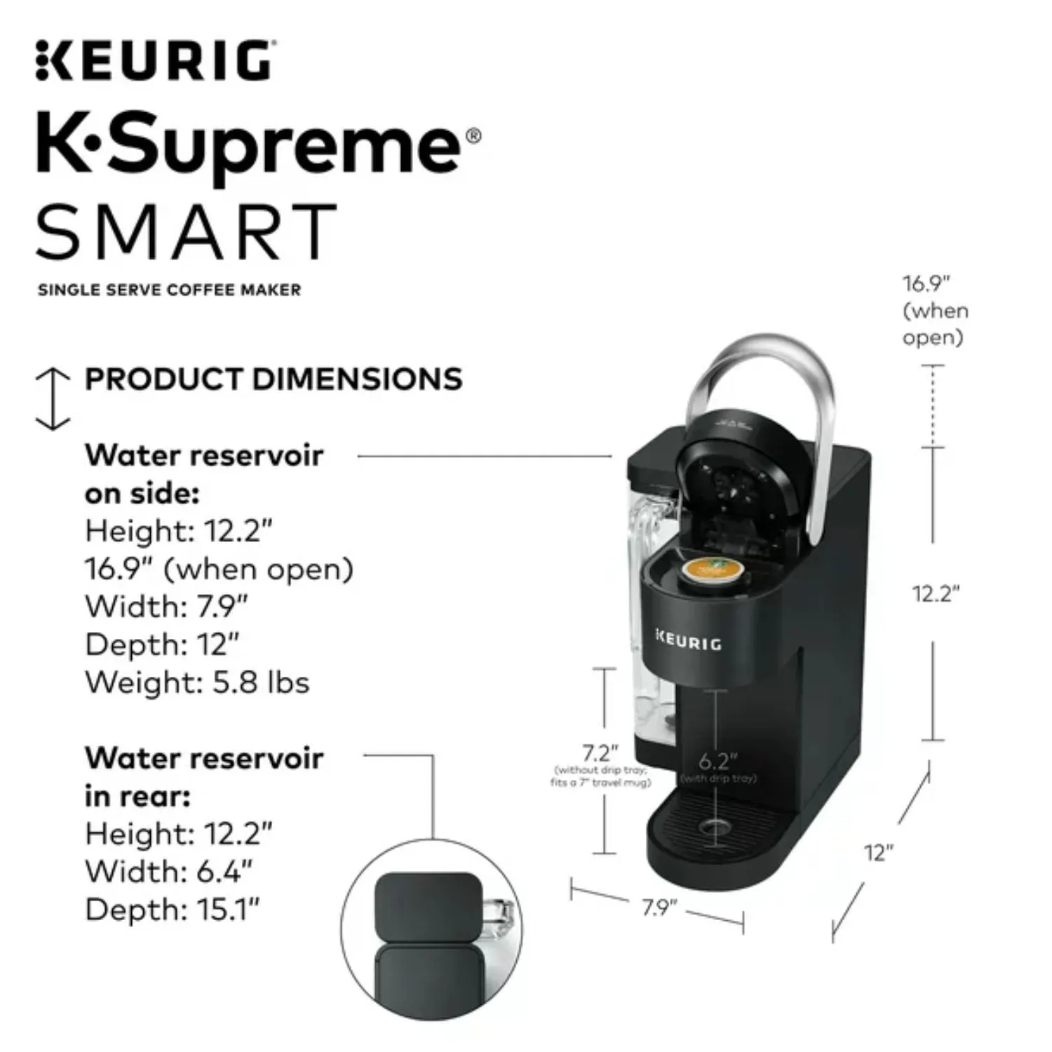 Keurig 500.0367509 K-Supreme SMART Coffee Maker, MultiStream Technology, Brews 6-12oz Cup Sizes, Black