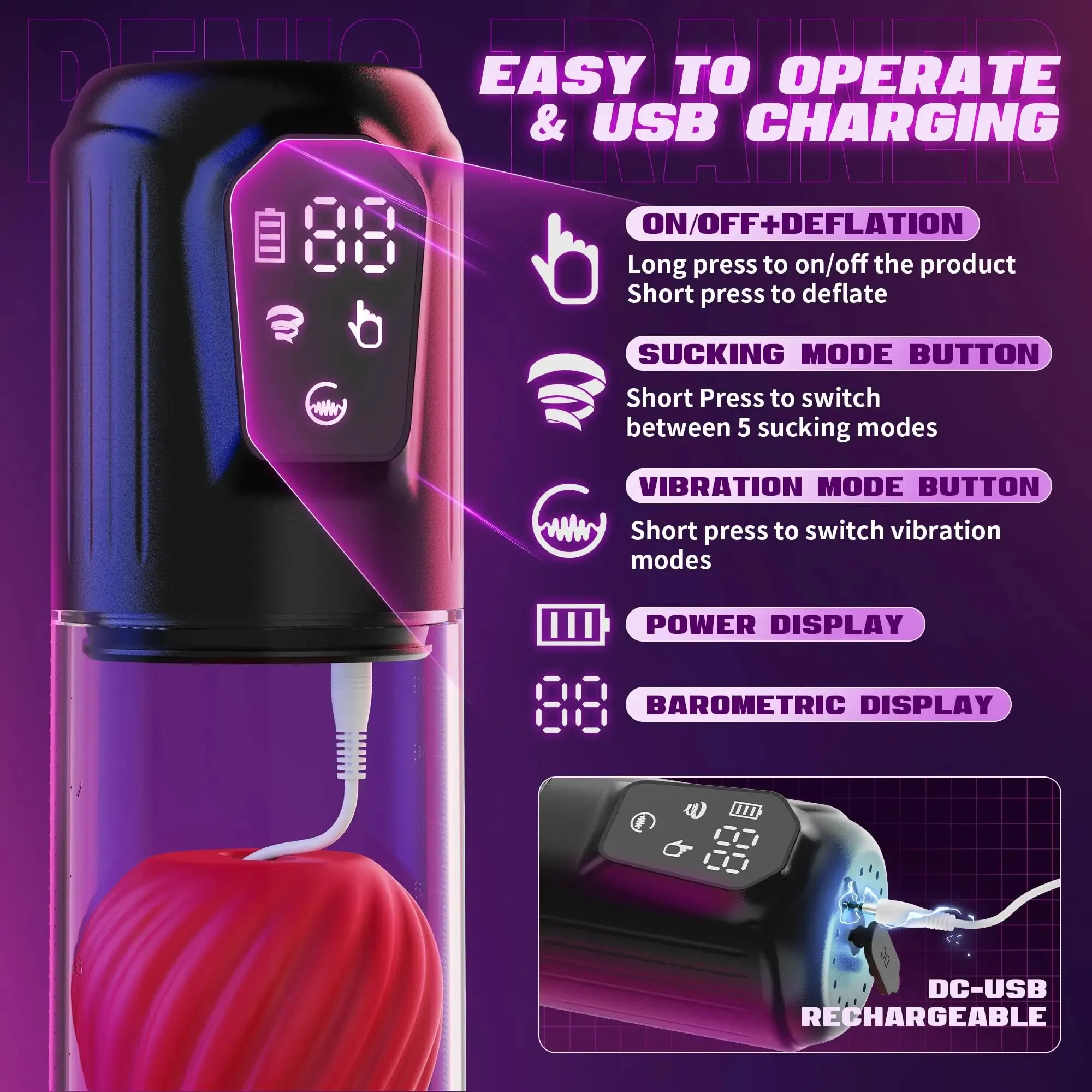 LCD Automatic Penis Pump with Rose Sleeve & Suction Modes