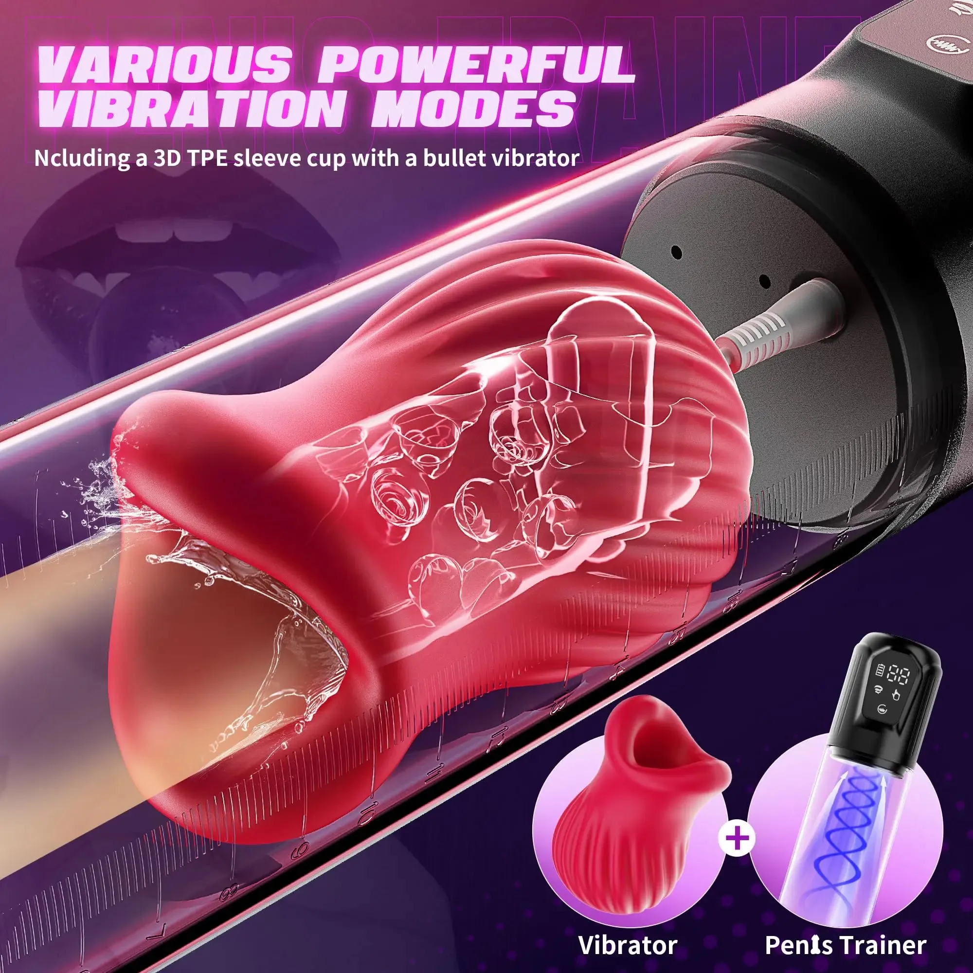 LCD Automatic Penis Pump with Rose Sleeve & Suction Modes