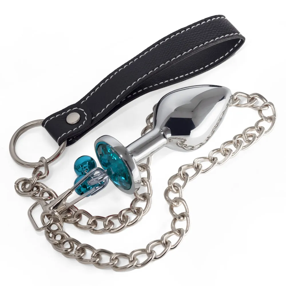 Metal Gem Butt Plug With Bells & Chain Leash - Medium