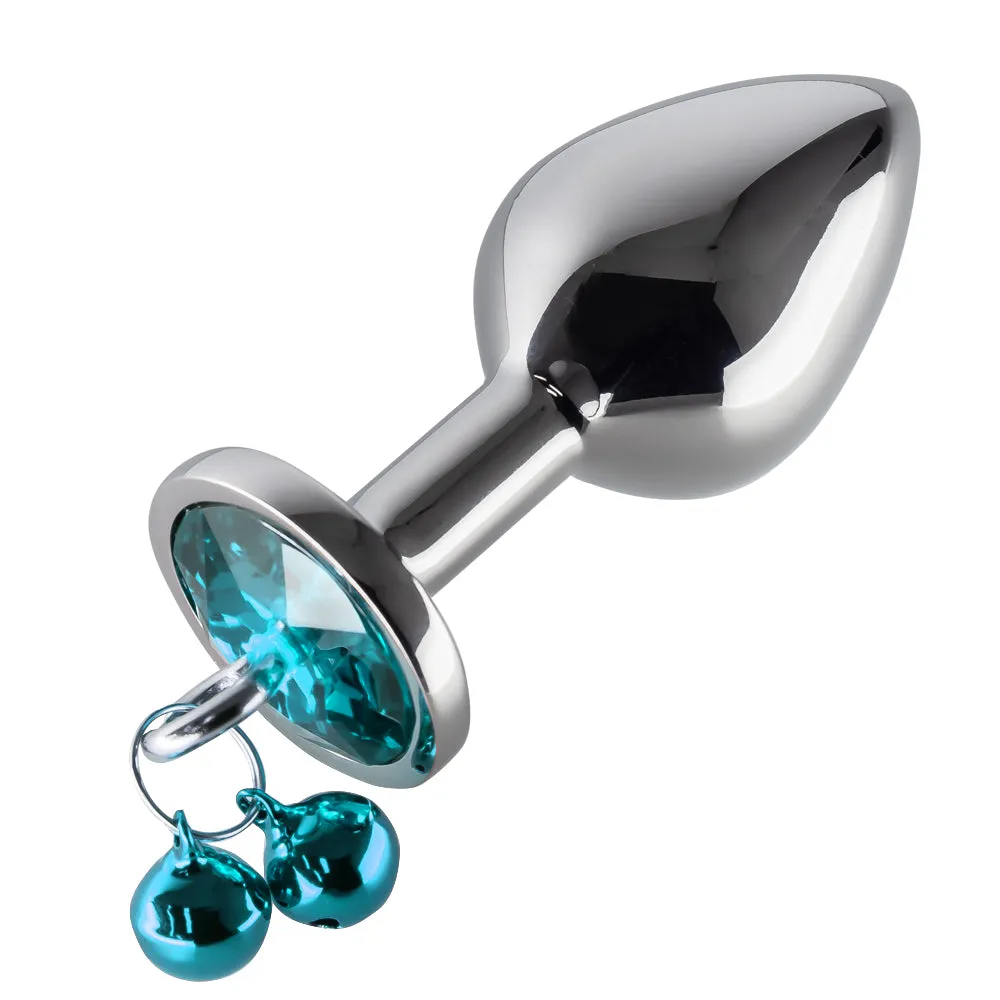 Metal Gem Butt Plug With Bells & Chain Leash - Medium