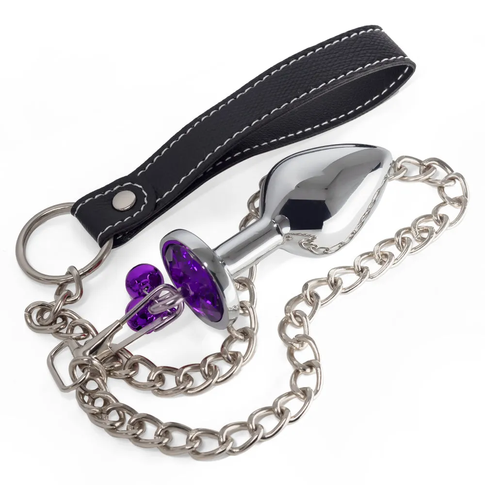 Metal Gem Butt Plug With Bells & Chain Leash - Medium