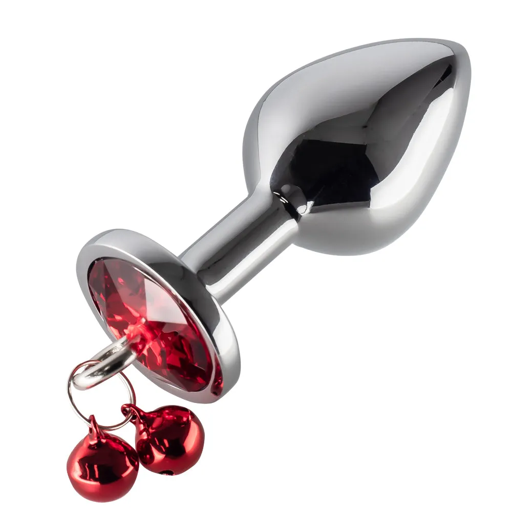Metal Gem Butt Plug With Bells & Chain Leash - Medium