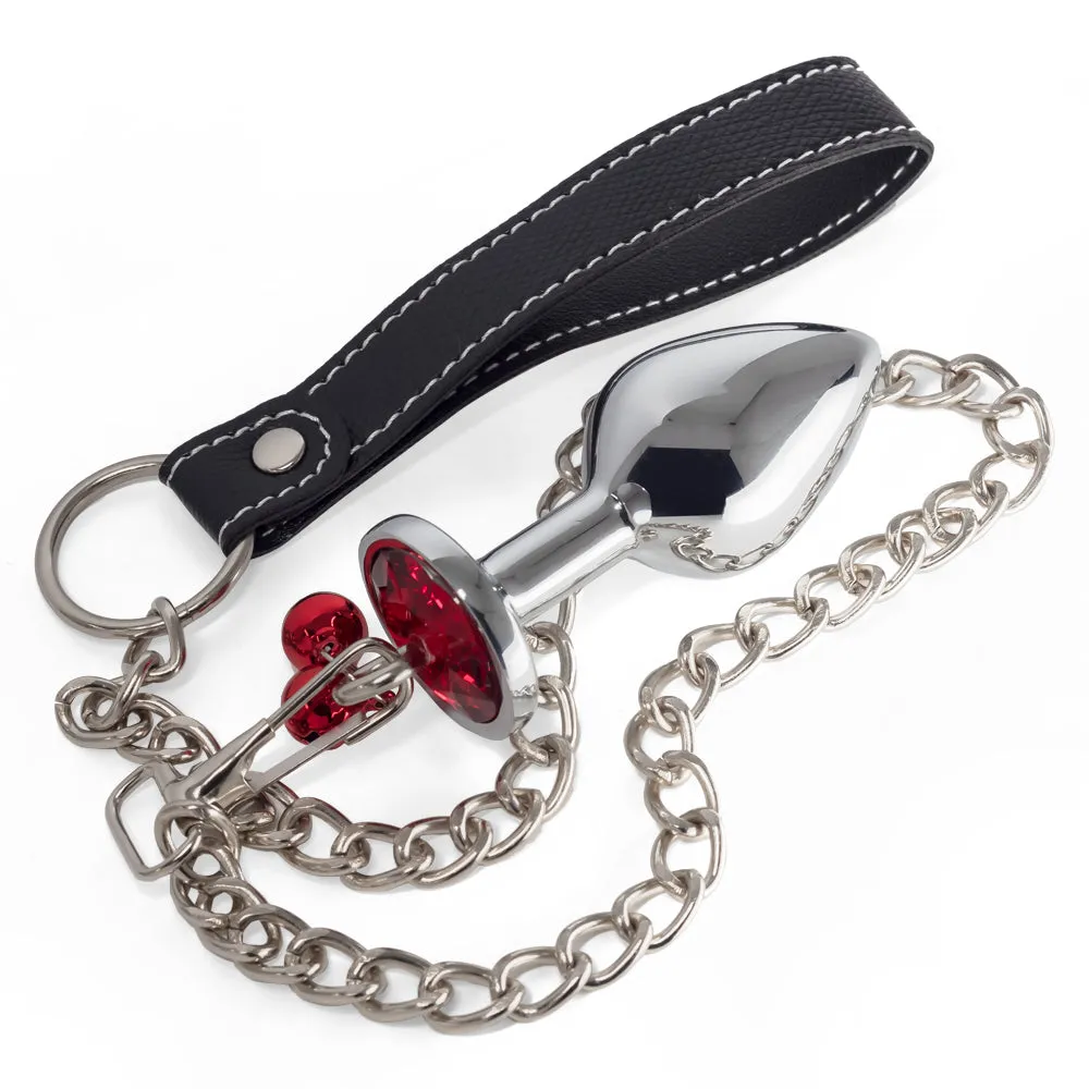 Metal Gem Butt Plug With Bells & Chain Leash - Medium