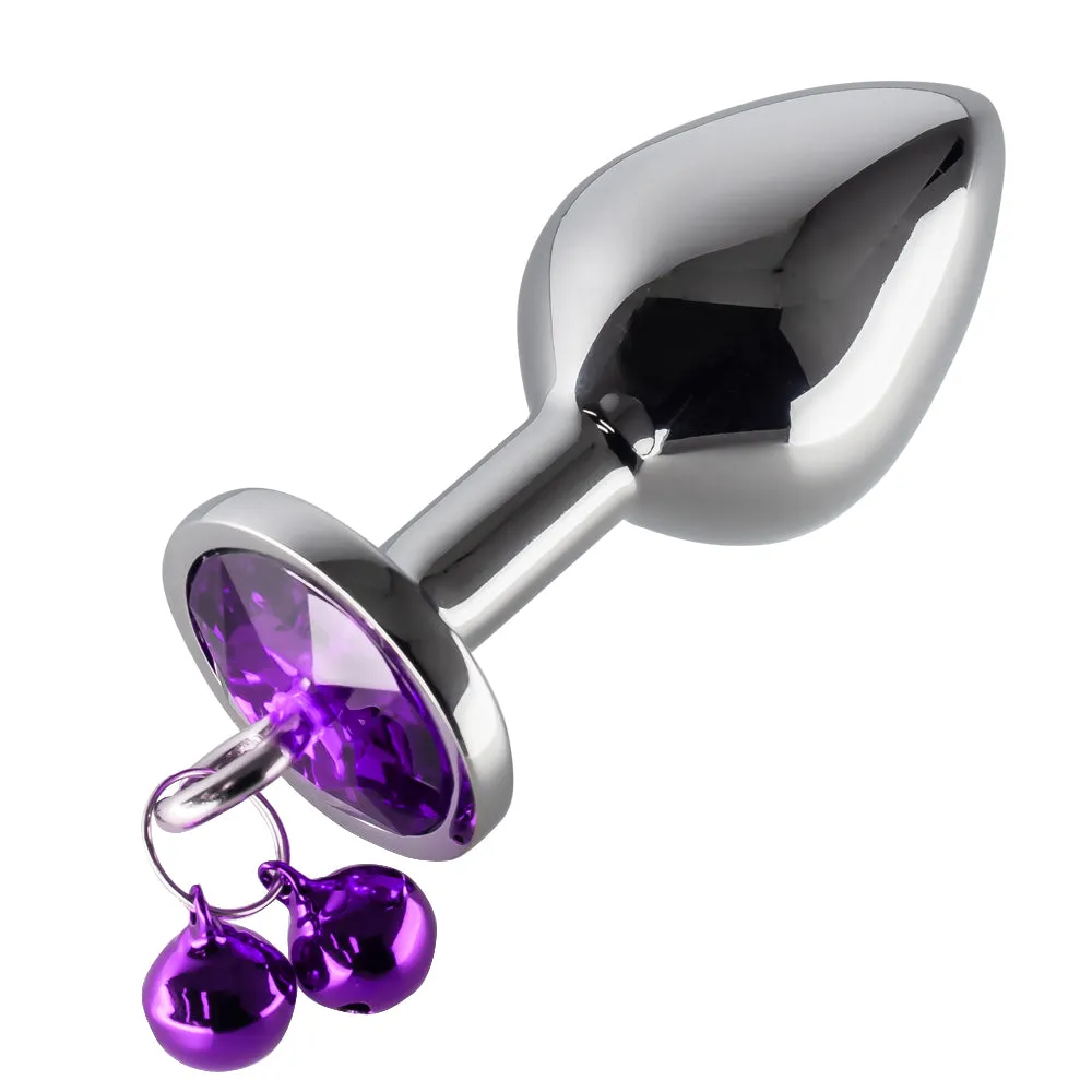 Metal Gem Butt Plug With Bells & Chain Leash - Medium